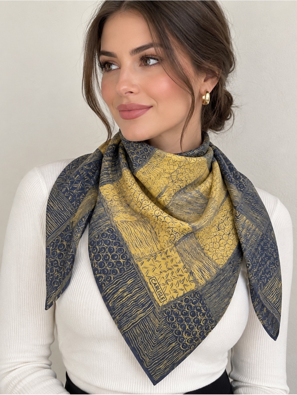 Carlisle Woven Silk Square Scarf Gold & Black Geometric Logo Accent